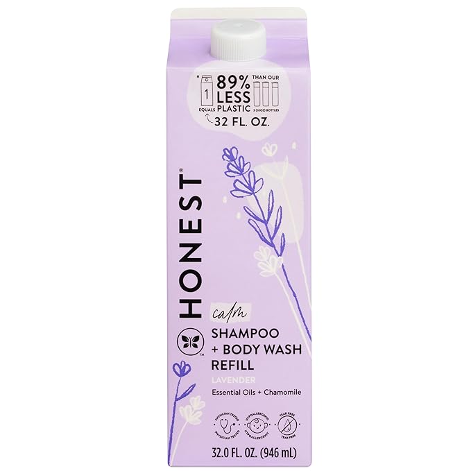 The Honest Company 2-in-1 Cleansing Shampoo Body Wash Refill Carton Gentle for Baby, Naturally Derived, Tear-free, Hypoallergenic, Lavender Calm, 32 fl oz (Pack of 6)