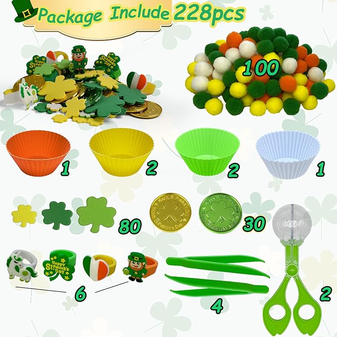 248 Pcs St. Patricks Day Sensory Bin Filler Fine Motor Toys Green Sensory Bin Items 120 Pompoms 80 Lucky Shamrocks Foam 30 Lucky Coins 6 Rings St. Patrick's Decor for Counting Sorting
