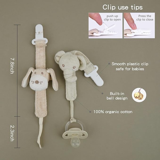 Pacifier Clip, 2 Pack Baby Pacifier Holder for Boys and Girls Fits Many Pacifiers & Baby Teething Toys, Ideal Baby Gift (Elephant&Dog)