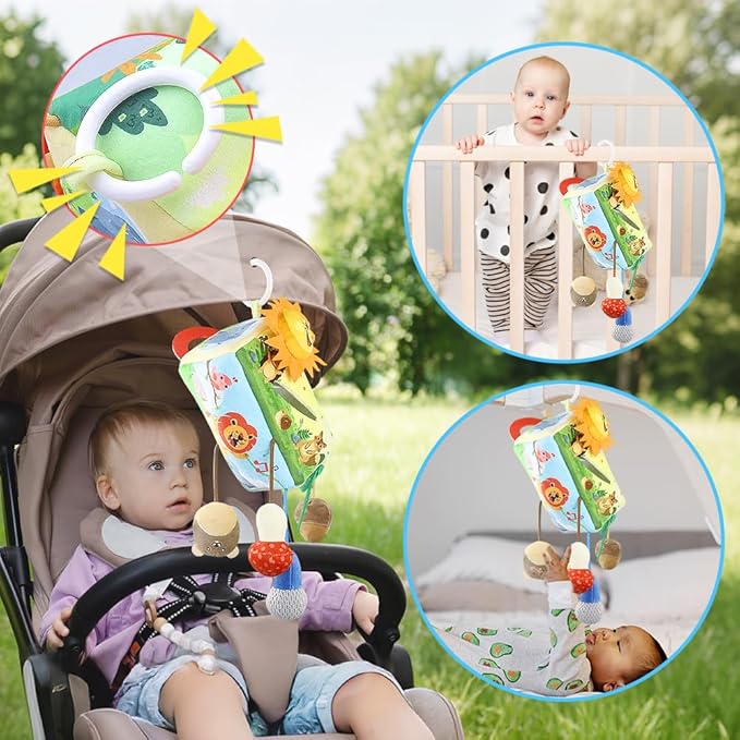 Caterbee Baby Sensory Tissue Box Toy with Hanging Hook – Pull Out Fabric Tissues, Rattle & Teether, Montessori Stroller & Car Seat Toy for Infants (Forest)