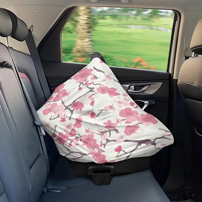AFPANQZ Pink Peach Flower Baby Car Seat Cover Canopy and Nursing Cover Infant Car Canopy Spring Autumn Winter Snug Warm Breathable Windproof Open Peep Top Universal Fit