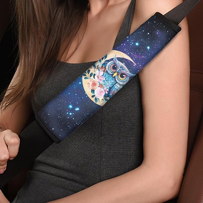 Biyejit Galaxy Owls Universal Car Seat Belt Pads Cover Shoulder Strap Covers for Car & Bag 2 Packs, Helps Protect Your Neck and Shoulder from The Seat Belt Rubbing