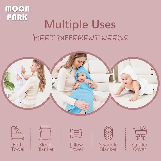 MOON PARK 2 Pack Muslin Hooded Baby Bath Towels for Newborns, Infants, Toddlers - 100% Cotton - Large 32x32Inch Size - Highly Absorbent and Essential, White and Aqua
