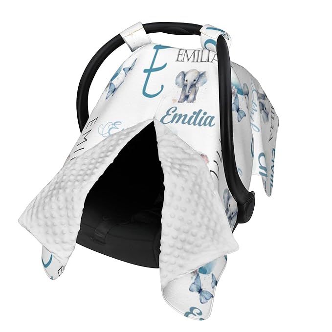Personalized Baby Car Seat Canopy Minky Elephant Baby Blanket Custom Name Baby Car Seat Cover Girls Boys Infant Newborn Carseat Canopy Nursing Cover for Stroller Car Seat Canopies