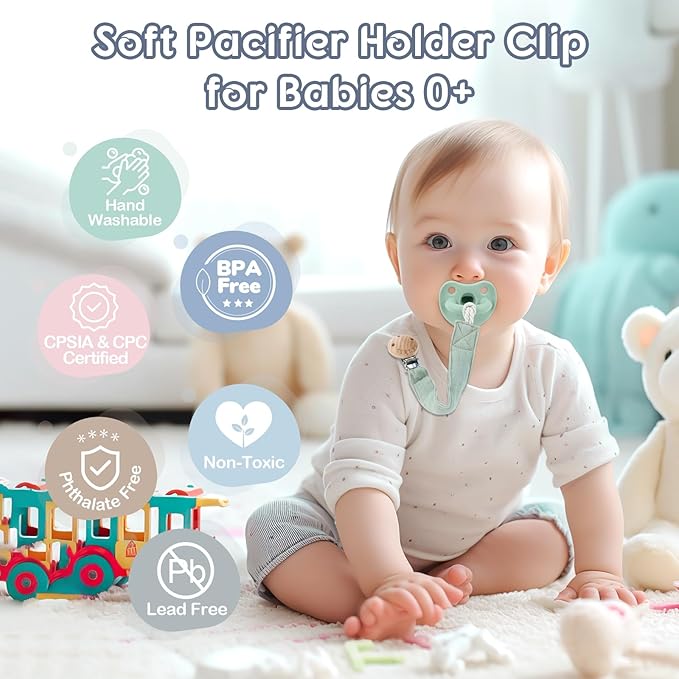TYRY.HU Ribbon Pacifier Clip Holder,2 Pack Binky Paci Holder Clips, Pacifier Leash for Baby Boys and Girls,Fabric Pacifier Strap Universal Fits for Most Pacifier, Styles & Teethers Toys(Blue,Green)