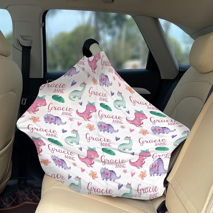 Personalized Baby Car Seat Cover Stroller Canopy: Custom Name Newborn Baby Boy Girl Elastic Animals Nursing Cover for Moms First Birthday Gift Pink Dinosaur(one Size)