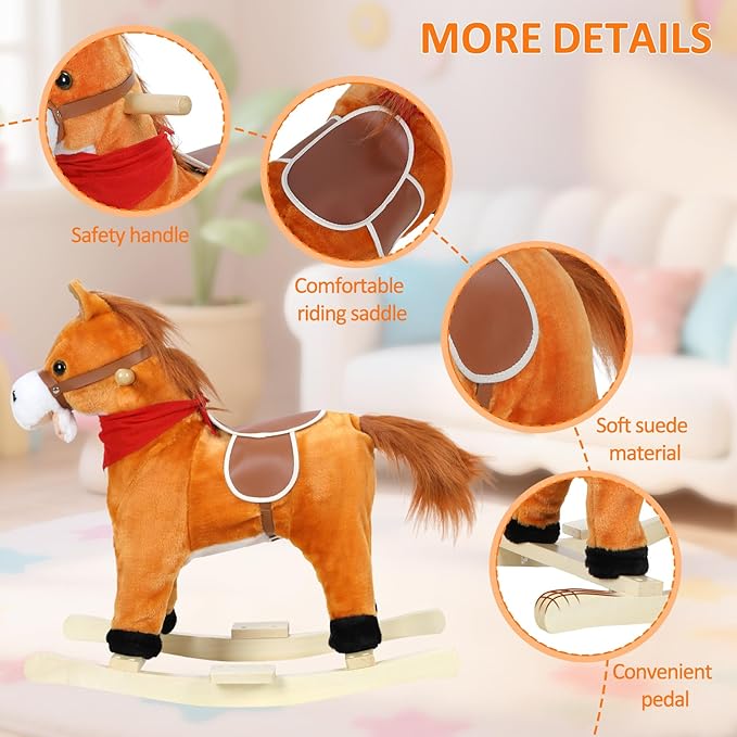 Rocking Horse for Toddlers Ages 1-6, Plush Ride On Toy with Sounds Moving Mouth & Wagging Tail, Interactive Wooden Rocker for Kids, Baby Rocking Chair Toys up to 120kg (Light Brown Small)