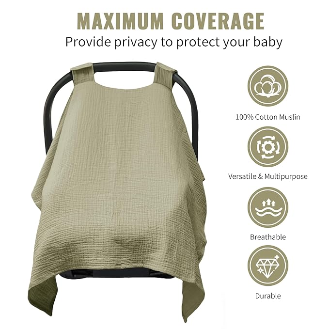Metplus Muslin Car Seat Cover for Babies, 100% Cotton Breathable Infant Carseat Canopy for Summer, Lightweight Stroller Sunshade Covers for Newborns(Khaki)