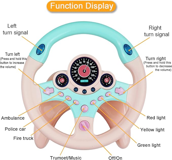RedCrab Steering Wheel Car Driving Simulated Toy with Light and Music for Kids, Pretend Driving Seat Toys,Baby Electric Early Learning Educational Toys for Boys and Girls(Pink)