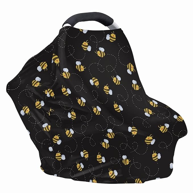 Wanyint Bee Print Car Seat Covers for Babies Black Baby Car Seat Cover for Boys Girls - Breathable Breastfeeding Scarf Nursing Cover Carseat Canopy for Boys Girls