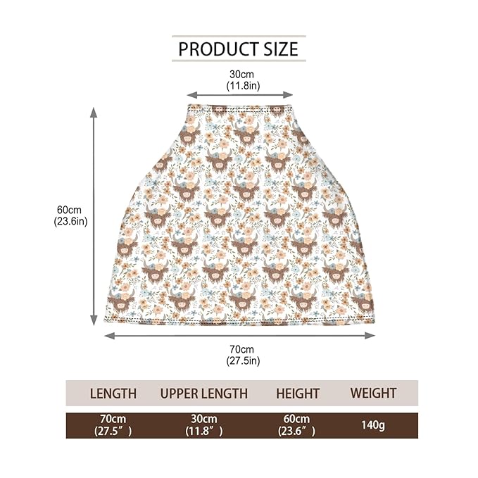 5-in-1 Unisex Western Farm Cow Flowers Pattern Baby Carseat Stroller Cover for Boys Girls, Highland Cow Floral Infant Toddler Privacy Nursing Breastfeeding Canopy, Grocery Shopping Cart Cover-24x28