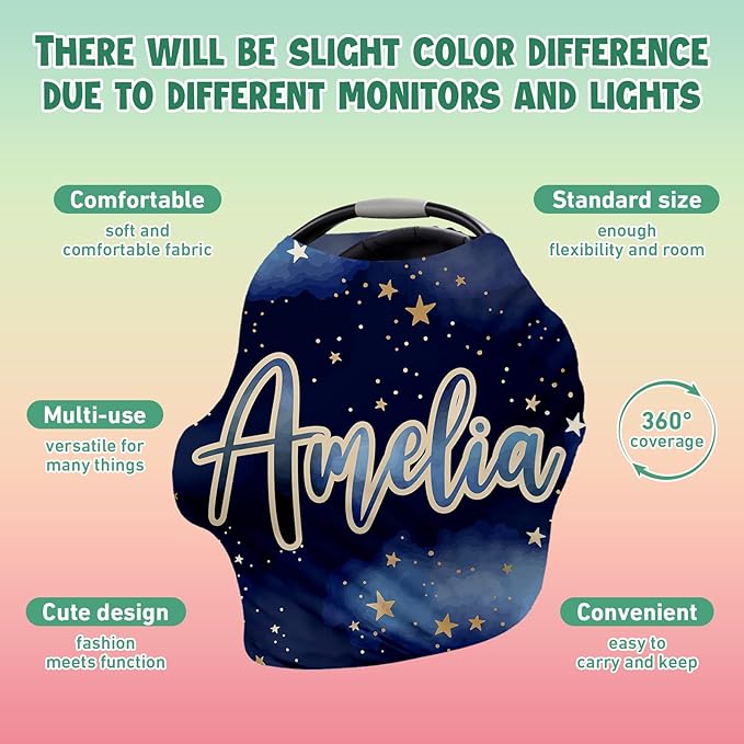 Personalised Car Seat Cover for Babies - Multi-use Carseat Canopy Cover with Name, Dark Blue Star Car Seat Covers, Christmas Birthday Gifts for Infant Boys and Girls