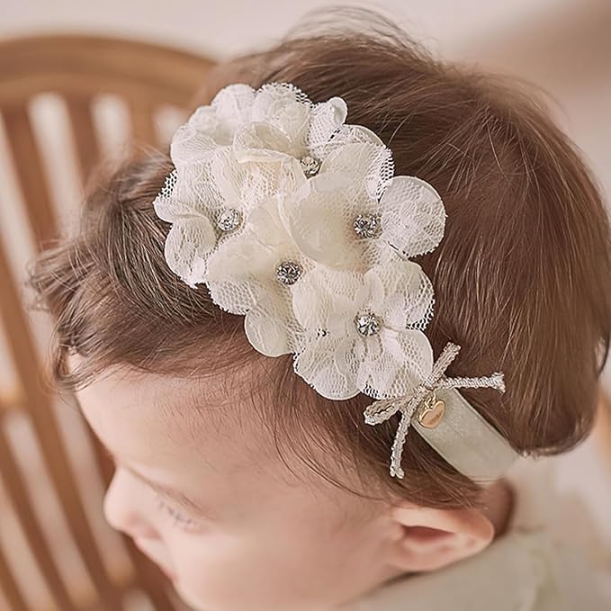 Baby Girls Hairband White Bow Lace Headbands Handmade Soft Stretchy Wide Head Band Newborn Hairbands with Bows Pearls Elastic Headband for Infant Hair Accessories（Beige Lace Flower）