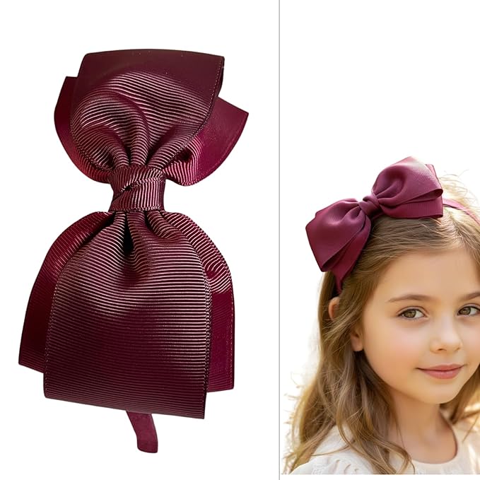 ClassExceed Burgundy Bow Headband for Girls 3–12 – Party & Recital Hair Bow, Solid Ribbon Kids Headband for Birthday Outfits