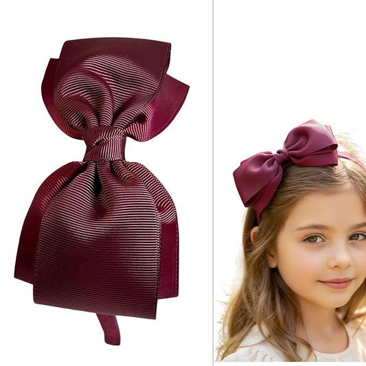 ClassExceed Burgundy Bow Headband for Girls 3–12 – Party & Recital Hair Bow, Solid Ribbon Kids Headband for Birthday Outfits