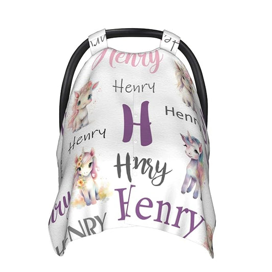 Personalized Baby Car Seat Cover Custom Name CarSeat Canopy Customized Horse Newborn Nursing Breastfeeding Cover Minky Baby Blanket Infant Car Seat Canopies for Baby Girls Boys