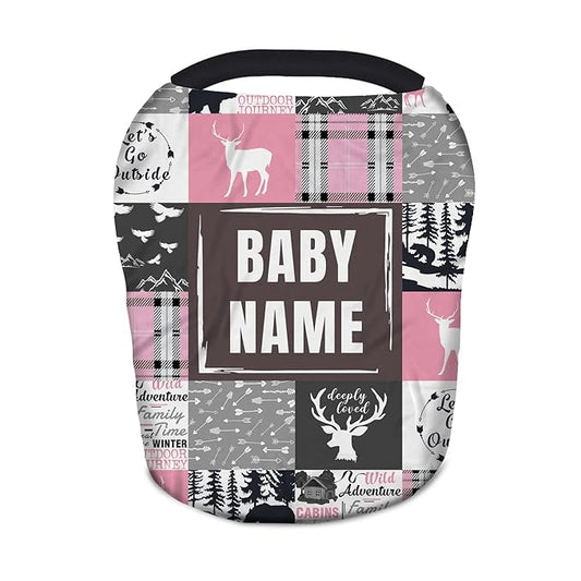 Personalized Baby Car Seat Covers with Name, Custom Nursing Cover Breastfeeding for Babies, Carseat Canopy for Girls, Infant Stroller Cover, Breathable Carseats Cover(Pink Woodland)