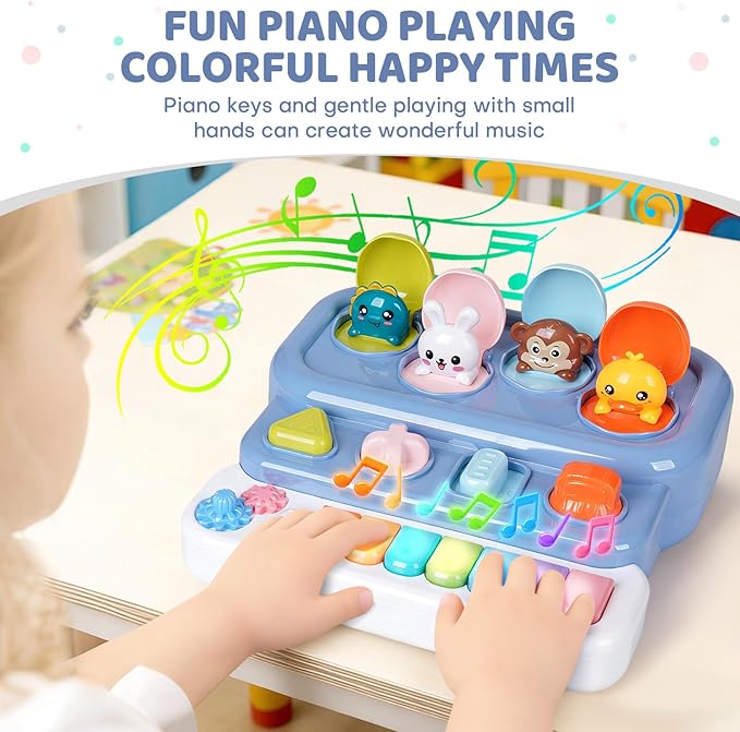 Interactive Pop Up Music Piano Toy with Music & Lights, Montessori Animal Cause and Effect Toys, STEM Learning Educational Baby Toy for Toddlers 1-3 Years Old, Gift for Infants 6-12 Months