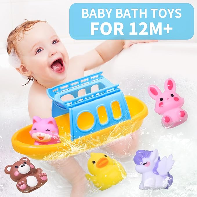 Oriate Bath Boat Toys, Finger Puppets for Kids, 5 PCS Rubber Duck Finger Puppets and 1 Boat, Sensory Learning Toy Set in The Bathtub, Pool, Beach Easter Eggs Fillers.