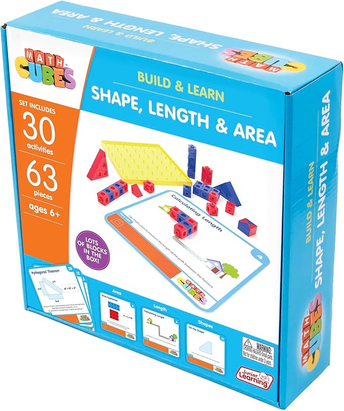 Junior Learning: Mathcubes - Shape, Length & Area - 30 Activity Set, Build & Learn, Blocks & Boards Hands On Math, Educational Set, Kids Ages 4+