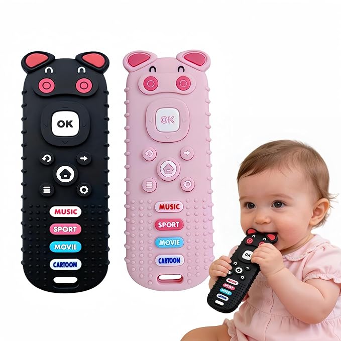 2Pcs Baby Teething Toys, BPA-Free Food Grade Silicone Baby Remote Control Teething Toy for 3-18 Months, Baby Remote Teether, Newborn Teething Relief TV Remote Pig Shaped Toy (Pig Black&Pink)