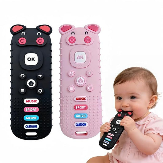2Pcs Baby Teething Toys, BPA-Free Food Grade Silicone Baby Remote Control Teething Toy for 3-18 Months, Baby Remote Teether, Newborn Teething Relief TV Remote Pig Shaped Toy (Pig Black&Pink)