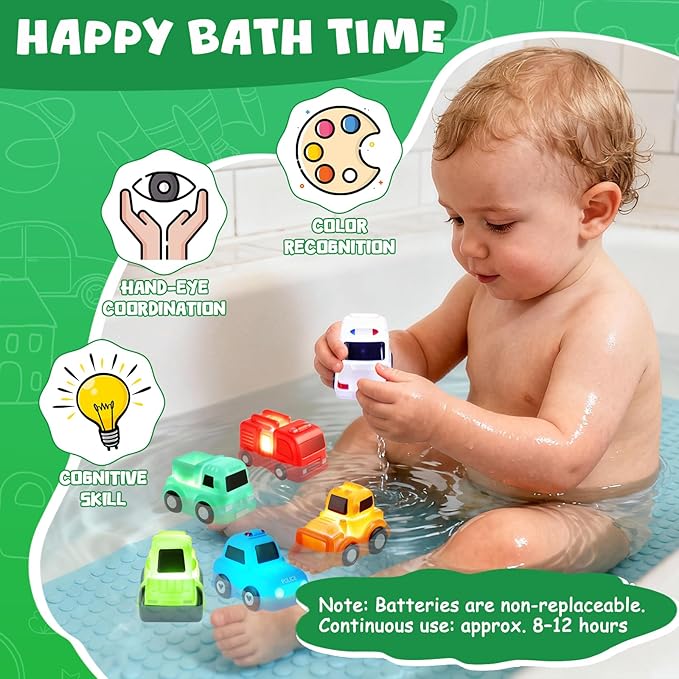Baby Bath Toys, 6 Pack Light Up Cars Bath Toys, No Hole No Mould Bathtub Toy for 1 2 3 Year Olds, Flashing LED Sensory Toy for Toddlers, Bath Time Shower Gifts for Boys and Girls