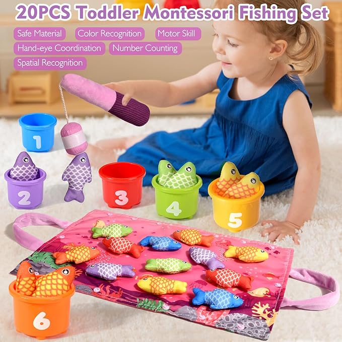Montessori Toys for 1 Year Old Girl Gifts, Pink Cloth Fishing Toy for Toddler 1-3, Fine Motor Skills Toy Sorting Learning Baby Toys 6-12-18 Months, Toddler Toys for Baby Easter Gifts