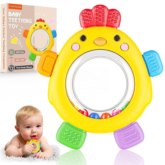Teething Rings with Rattle & Sensory Toy BPA Free Silicone Teethers for Babies 6-12 Months Baby Teething Relief Chew Toys for Infant Newborn, Babies Essential for Boys Girls 0-24 Months