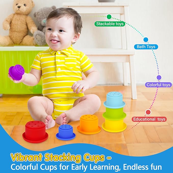 KMTJT Montessori Educational Toys for 1+ Year Old Toddler, 1st First Birthday Gifts for 1-2 Years, Includes Stacking Cups, 2 in 1 Object Permanence Box, Bead Maze, Mirror Puzzle and More
