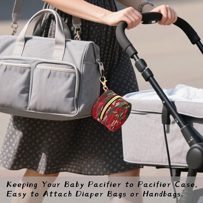 Pacifier Holder with Clip Pacifier Case for Diaper Bag Round Baby Pacifier Pouch Box Bag Portable Red Strawberries Flowers