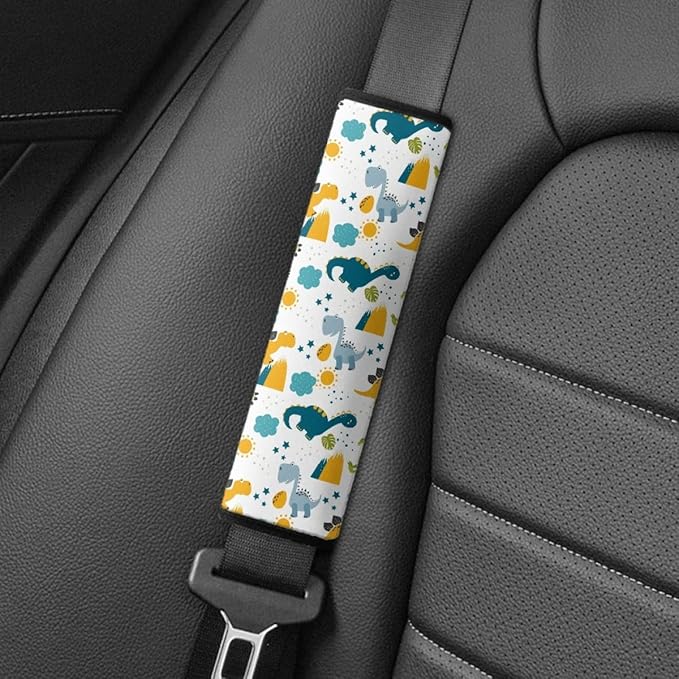 ENLACHIC Kids Car Seat Belt Cover, Cute Cartoon Animal Print Baby Car Seat Strap Pads Infant Car Seat Protector Car Accessories Universal All Cars,Cartoon Dinosaur