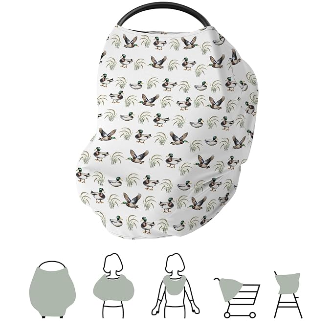 Vintage Mallard Duck Baby Car Seat Covers Green Ducks Lake Stretchy 5-in-1 Cover Adjustable Infant Carseat Cover Canopy Hunting Ducks Breathable Nursing Cover-Up
