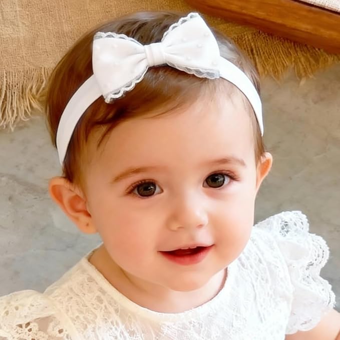 Baby Girls Headband White Bow Lace Headbands Soft Elastic Bowknot Hairbands Cute Hair Accessory for Newborn Kids Infant Toddler Baptism Birthday Party (Bow C)