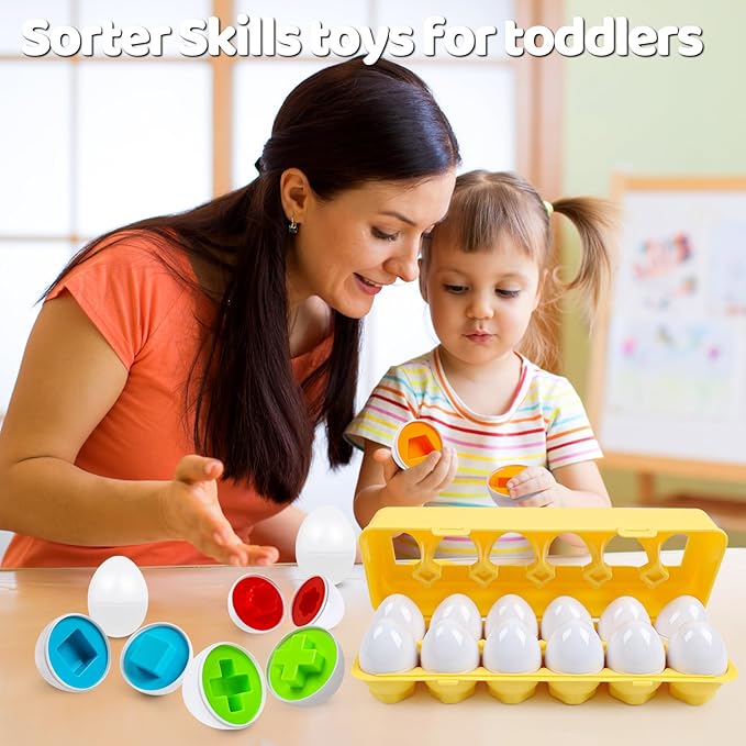 Toddler Eggs Toys,Montessori Geometric Egg Early Fine Motor Skills Learning Color Sorting & Shape Sorter Matching Game Easter Basket Stuffers Toys for Kids Boys Girls Ages 1-3