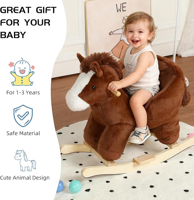 Pony Baby Rocking Horse for Toddlers 1 Years to 3 Years, Stuffed Plush Ride-on Rocking Animal with Realistic Sound and Music, Wooden Rocking Toy with Seat, Brown Horse, CPC Certified
