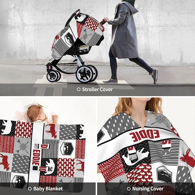 Personalized Baby Car Seat Canopy for Babies with Name, Custom Car Seat Covers for Boy Girl, Infant Opening Minky Nursing Breastfeeding Stroller Cover Carseat Canopies for Newborn (Woodland Deer Bear)