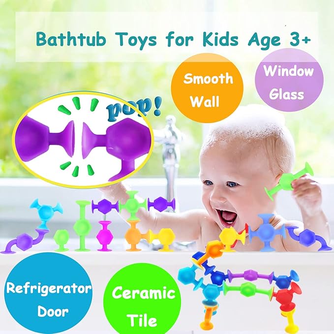 100pcs Suction Bath Toys for Kids, Easter Stocking Stuffers Silicone Construction Building Blocks Montessori Sensory Toy for 3 4 5 6 7 8 Years Old Toddlers Boys Girls with Egg Storage