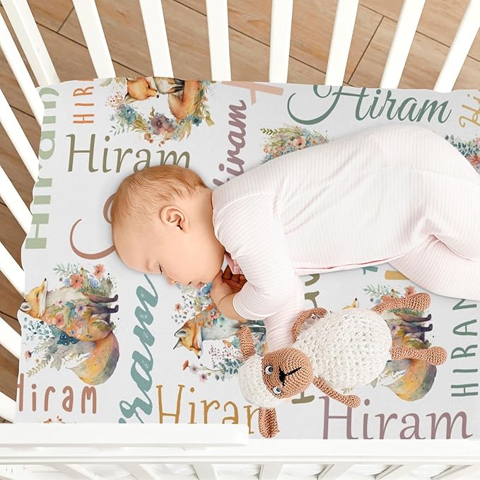 Personalized Name Pack and Play Sheets for Baby Girls Boys, Customized Stretchy Pack n Play Sheets with Name, Custom Cute Fox Mini Crib Mattress Sheets, Soft Breathable Playard Sheets Playpen Sheet