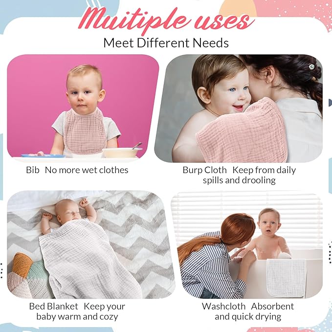 Hahafelt 6 Pcs Muslin Hooded Bath Towels Washcloths and Bibs Set, Muslin Cotton Baby Towels Absorbent Hooded Blanket Towel Infant Bibs for Boys Girls Newborn Infant Essentials(Pink, Light Pink)