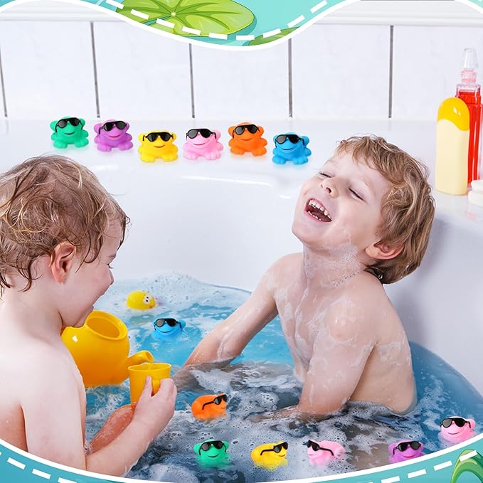 Halloscume 48 Pack Mini Rubber Frogs Bulk with Sunglasses Small Squeaky and Floating Frog Toy Swimming Shower Frog for Summer Birthday Party Easter Basket Stuffers Classroom Exchange Carnival Prize