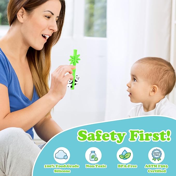Baby Teether Toy Chew Toys Silicone Panda Bamboo Teething Toy for Baby 3-24 Months, Hollow Tube Teethers for Sucking Needs, Teething Relief for Infants, BPA Free