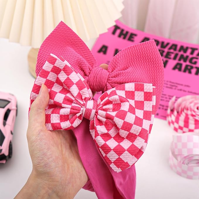 YanJie 2PCS 6’’ Hot Pink Bows for Baby Girls Checkered Headband Pink Bow Infants Toddler Hair Accessories Newborn Headbands Hair Bow Baby Clothes