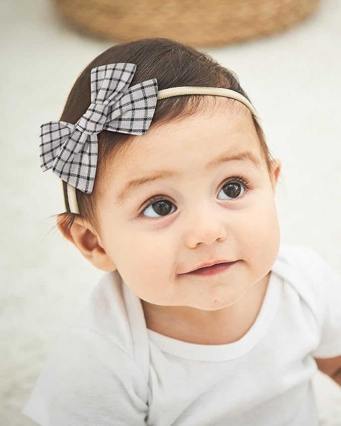 doboi 10PCS Baby Girls Headbands Hair Bows Nylon Cotton Linen Hairbands Fine Handmade Hair Accessories for Newborn Infant Toddlers Little Girls-Solid Plaid Stripe and Flowers