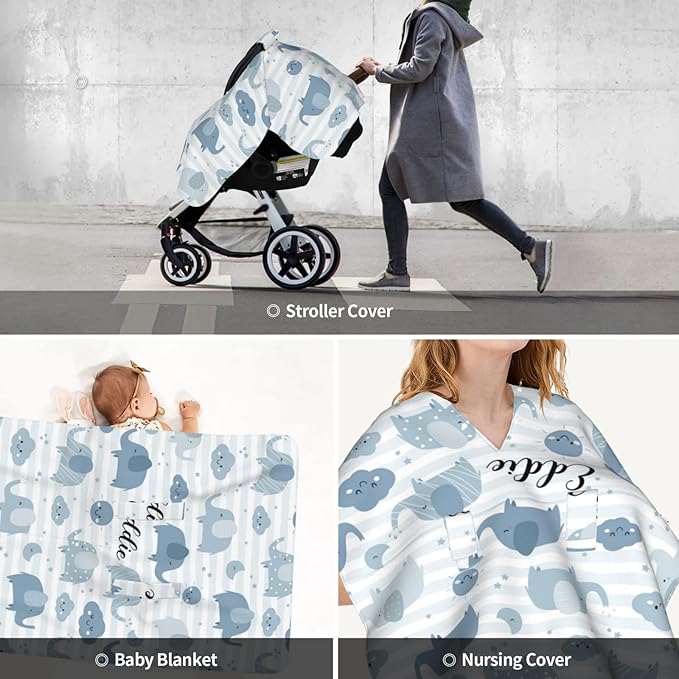 Personalized Smiling Elephant Baby Infant Car Seats Canopy for Babies with Name, Custom Glowing Sun Lightweight Covers for Baby Boys Girls, Minky Breastfeeding Stroller Cover for Newborn