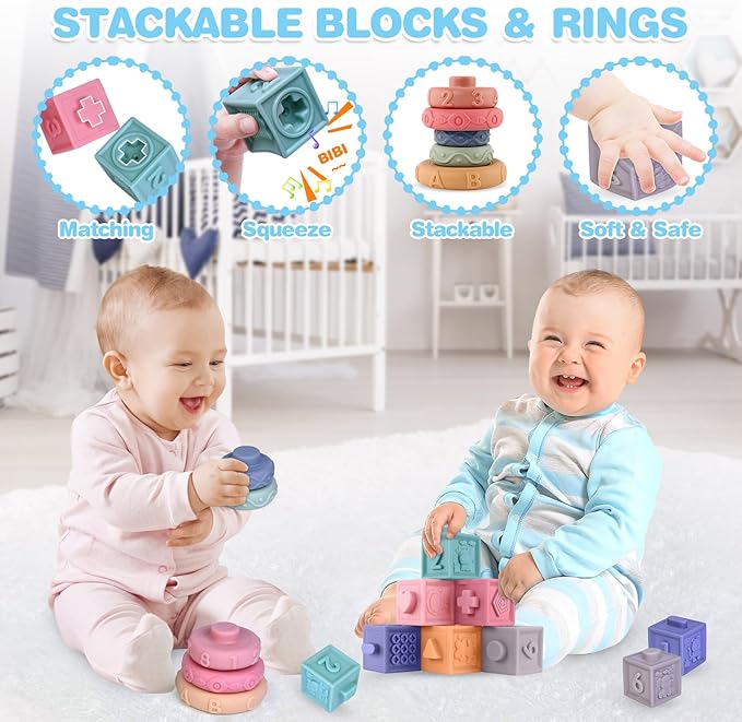 SpringFlower 0-3-6-12 Months Baby Toys, 5 in 1 Montessori Toys for Babies, Teething Toy & Stacking Building Block & Ring & Silicone Pull String, Sensory Development Baby Infant Toy, Gift for Babies