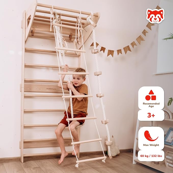 Woodandhearts Swedish Ladder for Kids with Rope Accessories - Indoor Jungle Gym, Indoor Jungle Gym for Kids Ages 3-16, Indoor Climbing Gym (Swedish Ladder of 2 Parts(Natural Wood Color))