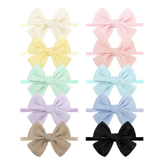 YanJie 10Pcs Soft Lace Baby Bows Sparkly Girls Headbands with Rhinestones Baby Girl Hair Accessories for Newborn Infant Toddler Kids 4.5’’ Bow