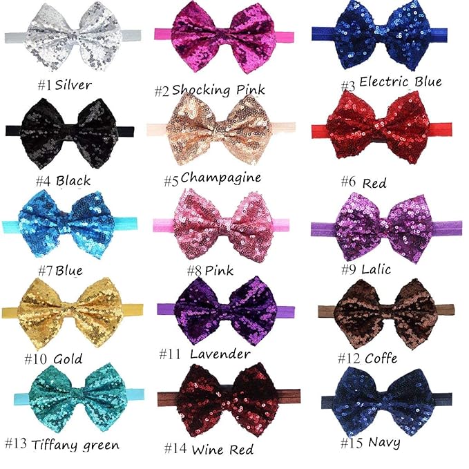 CellElection 15Pcs Baby Girls Headbands 4'' Big Boutique Bling Sparkly Glitter Sequin Hair Bows Headband Elastic Hair Bands Hair Accessories for Toddlers Infants Newborns