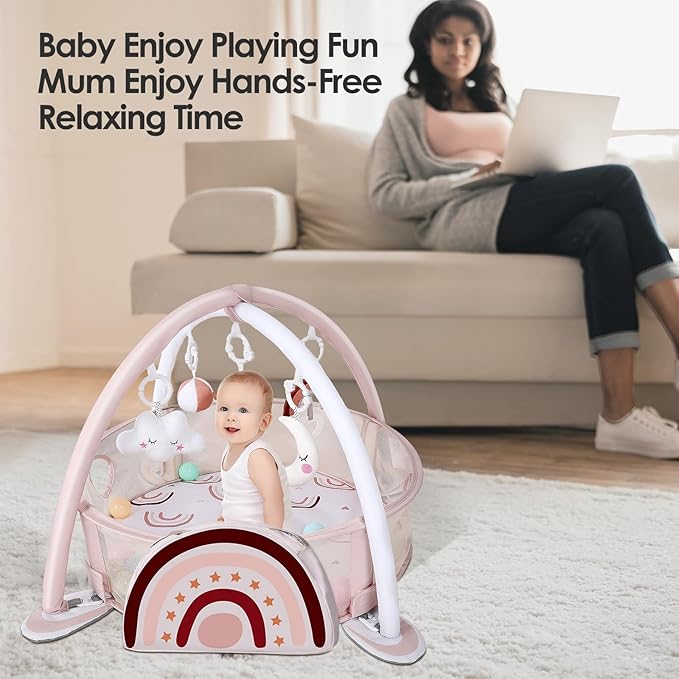 dearlomum 4-in-1 Baby Play Mat Baby Gym, Activity Play Mat for Floor Exercise Gym Ball Pit Including 30 Balls with 5 Infant Learning Sensory Baby Toys for Newborn Toddler Boy & Girl Gifts(Rainbow)